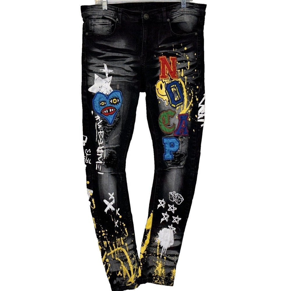 RUE 21 Premium Jeans Mens 34x32 Black Graffiti Skinny Streetwear Grunge Patch